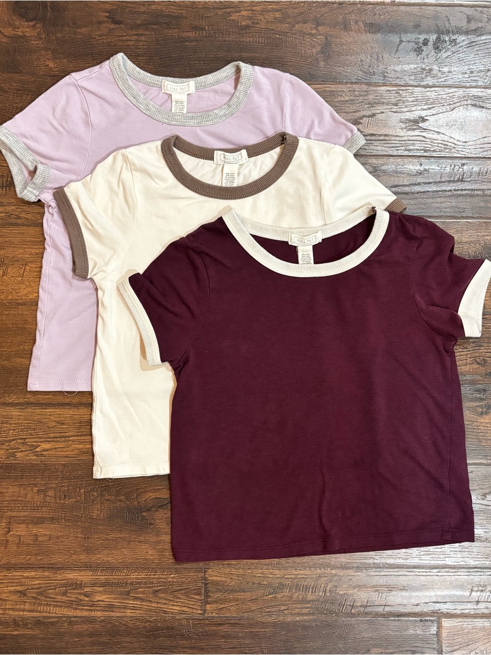 TILT Three-Pack Short Sleeve Ringer Tees in Lavender, Cream & Burgundy